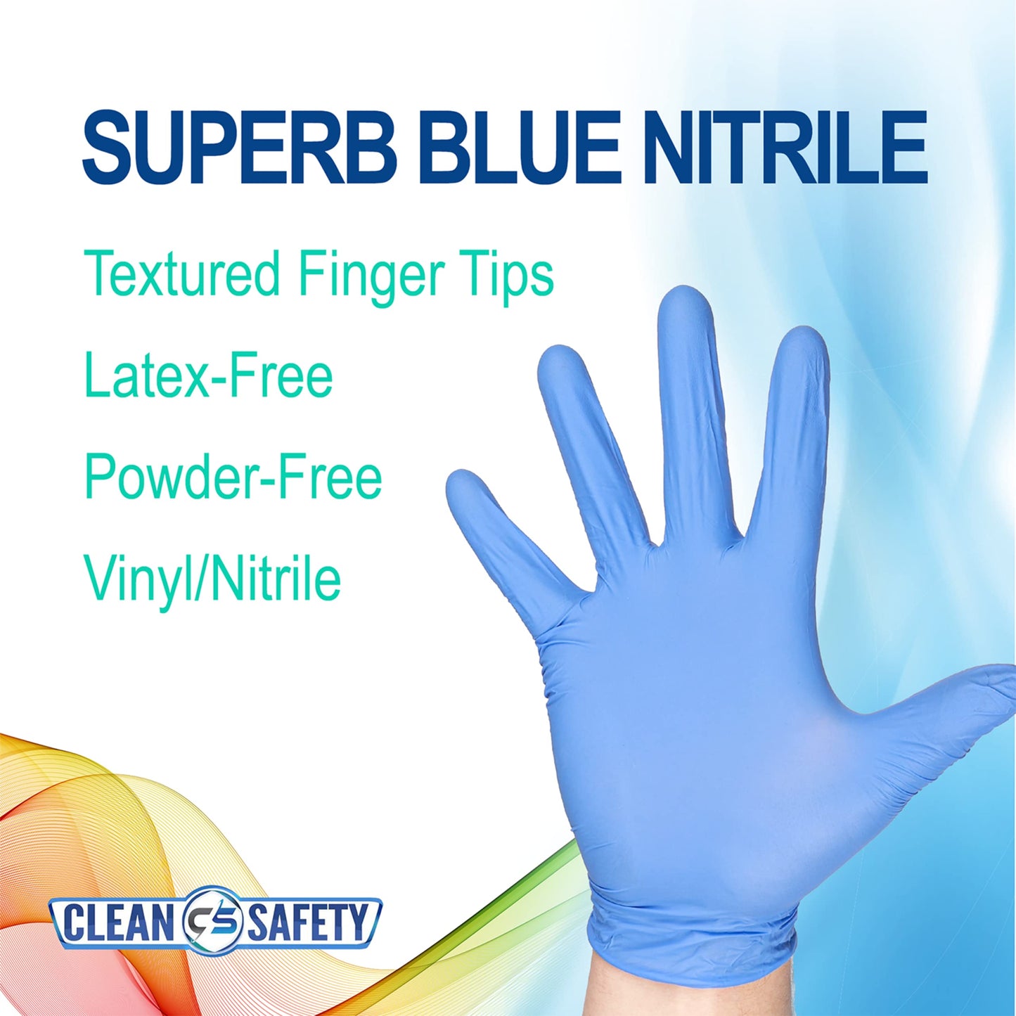 SuperB Blue Nitrile Power free examination gloves, single use, X-large, 100 pack, latex free, powder free, non-sterile, disposable, textured, fingertips, beaded cuff, synthetic nitrile rubber (NBR)