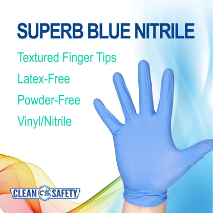 SuperB Blue Nitrile Power free examination gloves, single use, X-large, 100 pack, latex free, powder free, non-sterile, disposable, textured, fingertips, beaded cuff, synthetic nitrile rubber (NBR)