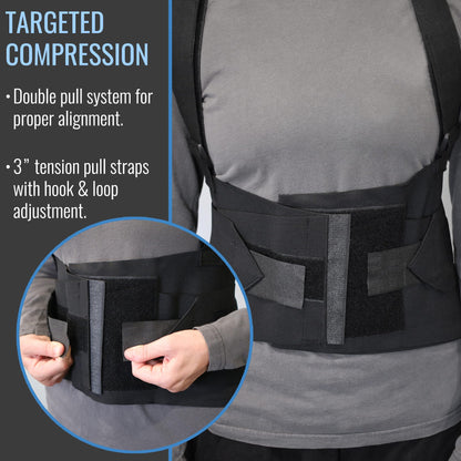 DMI Deluxe Work Belt Back Support Brace Lumbar Support with Adjustable, Removable Shoulder Straps, Fits 28-40, Black