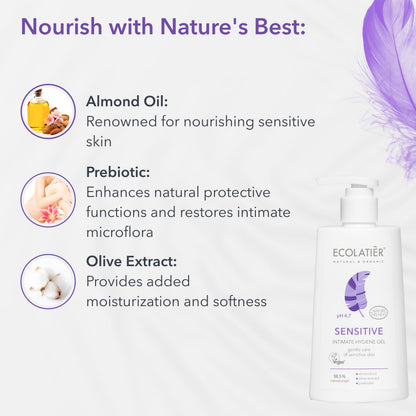 Feminine Wash Sensitive with Almond Oil & Olive Extract – 98.5% Natural, Vegan, pH 5.2 Balanced vaginal wash for woman Dry & Sensitive Skin, Restores Microflora & Moisture, 8.5 Fl Oz – ECOLATIER