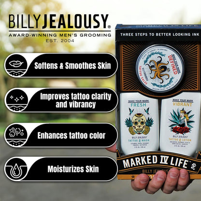 Billy Jealousy Marked IV Complete Tattoo Care Kit, Make Your Mark Defined, Fresh and Vibrant, Includes Aftercare Ink Salve, Brightening Soap and Moisturizing Tattoo Lotion