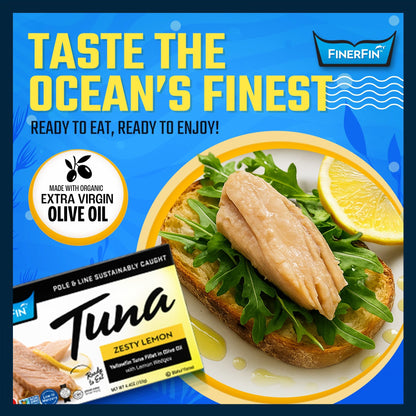 FinerFin Yellowfin Tuna Fillets in Organic Olive Oil | Zesty Lemon Flavor | Premium Canned Tuna Fish with EVOO | Gourmet Ready-to-Eat Pole & Line Caught Fillets | 4.4oz can - 6 Pack