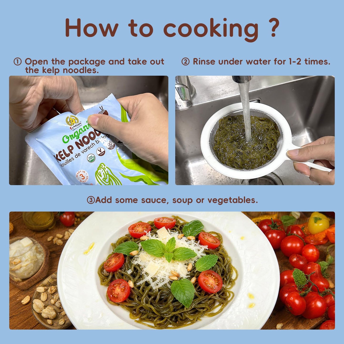 SUNGIVEN Organic Kelp Noodles 50.8 Oz Low Sodium Gluten Free Keto Low Calorie Vegan 6.35 Oz Pack of 8