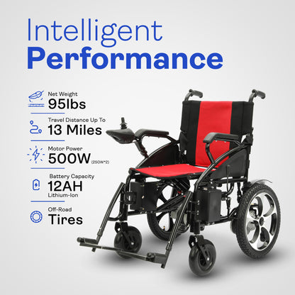 Electric Wheelchairs for Adults, All Terrain Heavy Duty Dual Motor Foldable Motorized Power Wheelchairs for Seniors, Portable Electric Wheel Chair for Adults (Artemis- Red)