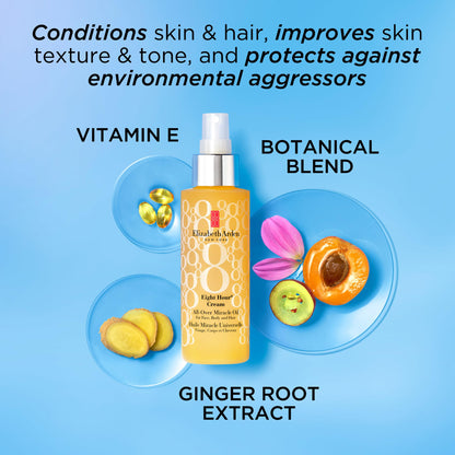 Elizabeth Arden Eight Hour All-Over Miracle Oil, Hydrating Spray Moisturizer for Face, Body & Hair, Vitamin E & Tsubaki Oil, Non-Comedogenic, Lightweight, 3.4 oz