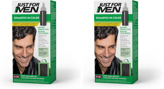 Just For Men Shampoo-In Color (Formerly Original Formula), Mens Hair Color with Keratin and Vitamin E for Stronger Hair - Deep Dark Brown, H-46, Pack of 2