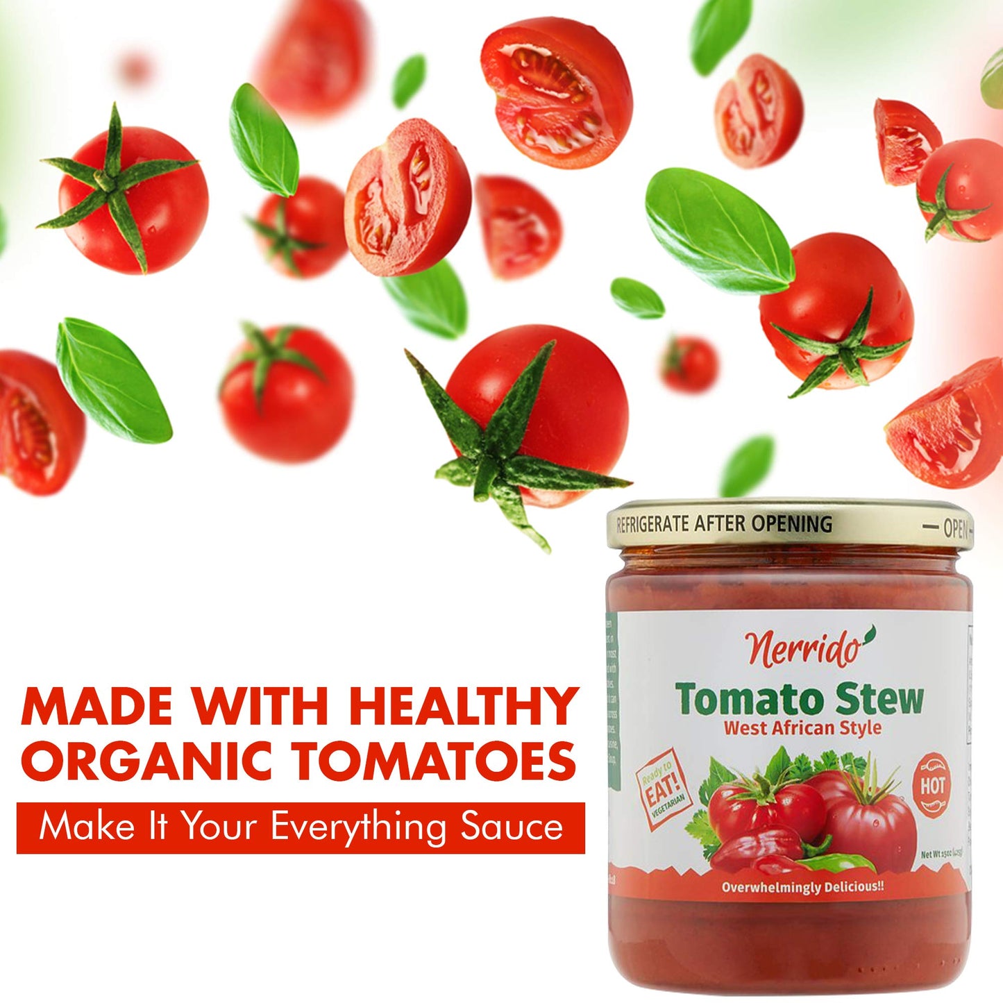 Nerrido Canned Tomato Stew & Jollof Rice Red Sauce, African Style Hot Pasta Sauce with Vegetables and Spices 16oz (454g) (Hot, 1 Pack)