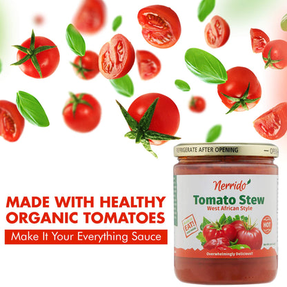 Nerrido Canned Tomato Stew & Jollof Rice Red Sauce, African Style Hot Pasta Sauce with Vegetables and Spices 16oz (454g) (Hot, 1 Pack)