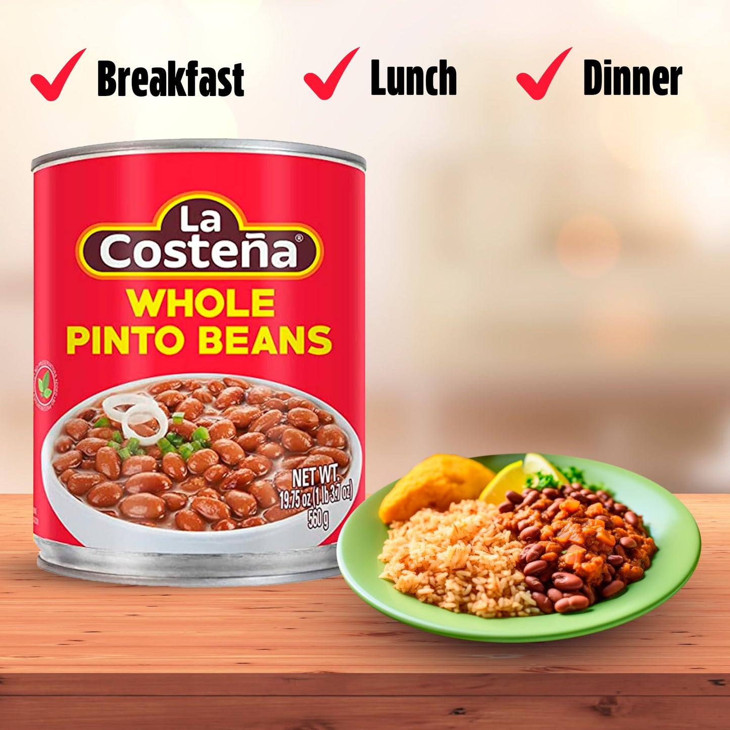 La Costeña Whole Pinto Beans - Ready-to-Eat Canned Pinto Beans for Mexican Food, Vegetarian Chili Ingredients, Bean Dip, Bean Burger, Burrito & Vegan Protein Salad - 19.75 oz, 12 Pack Canned Food