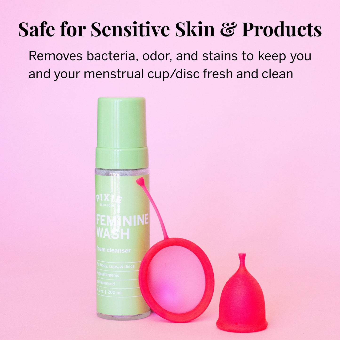 Pixie Feminine Wash – Healthy Foaming Cleaner with Natural Ingredients – More Foam Wash in Bottle Than Any Other Brand – pH Balanced & Plant Based – for Your Menstrual Cups and Discs, 6.5 Fluid oz
