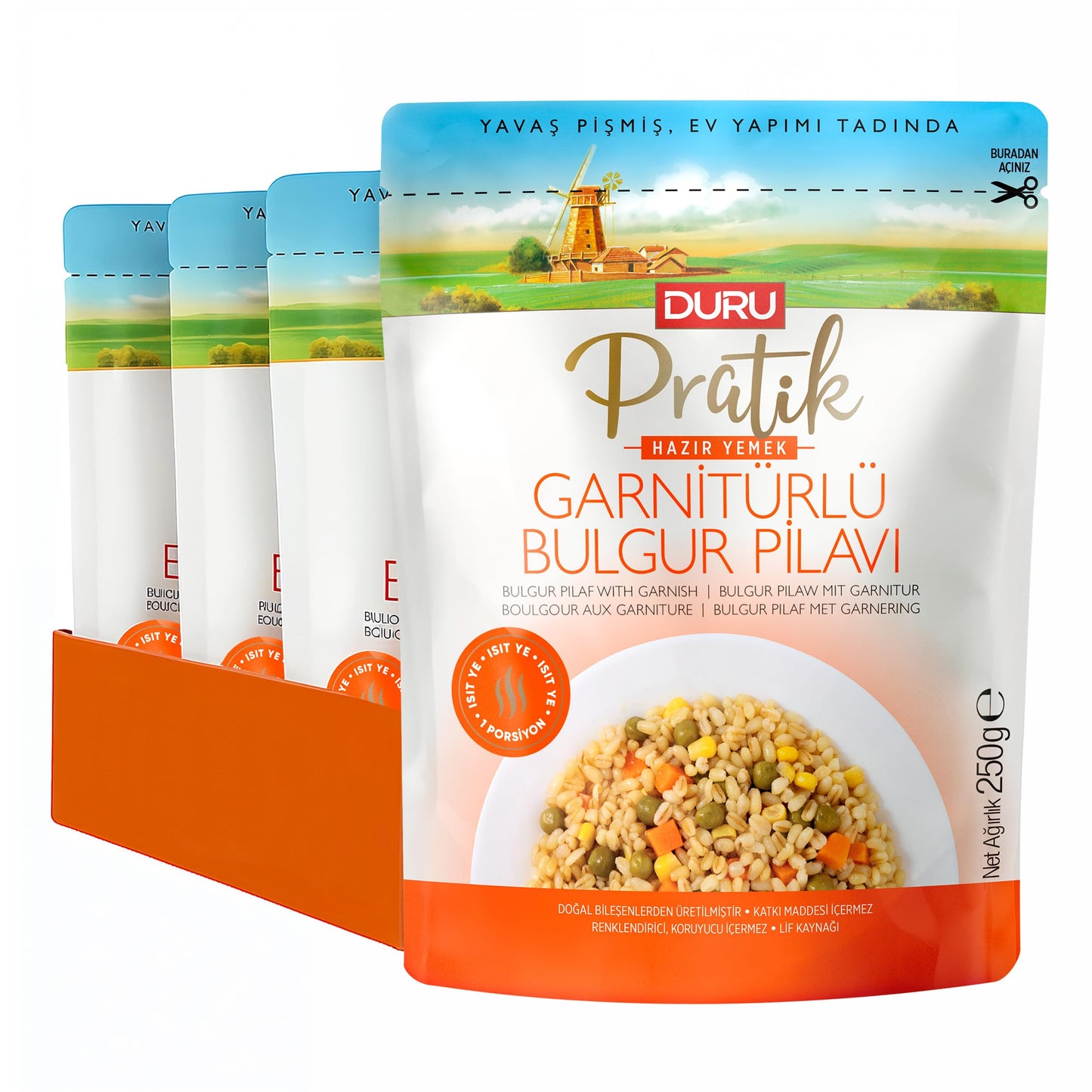Duru Ready Bulgur Pilaf with Garnish, 250g x 4 Pack – Heat & Eat, 100% Natural, Non-GMO, BPA Free, No Trans Fat, No Preservatives