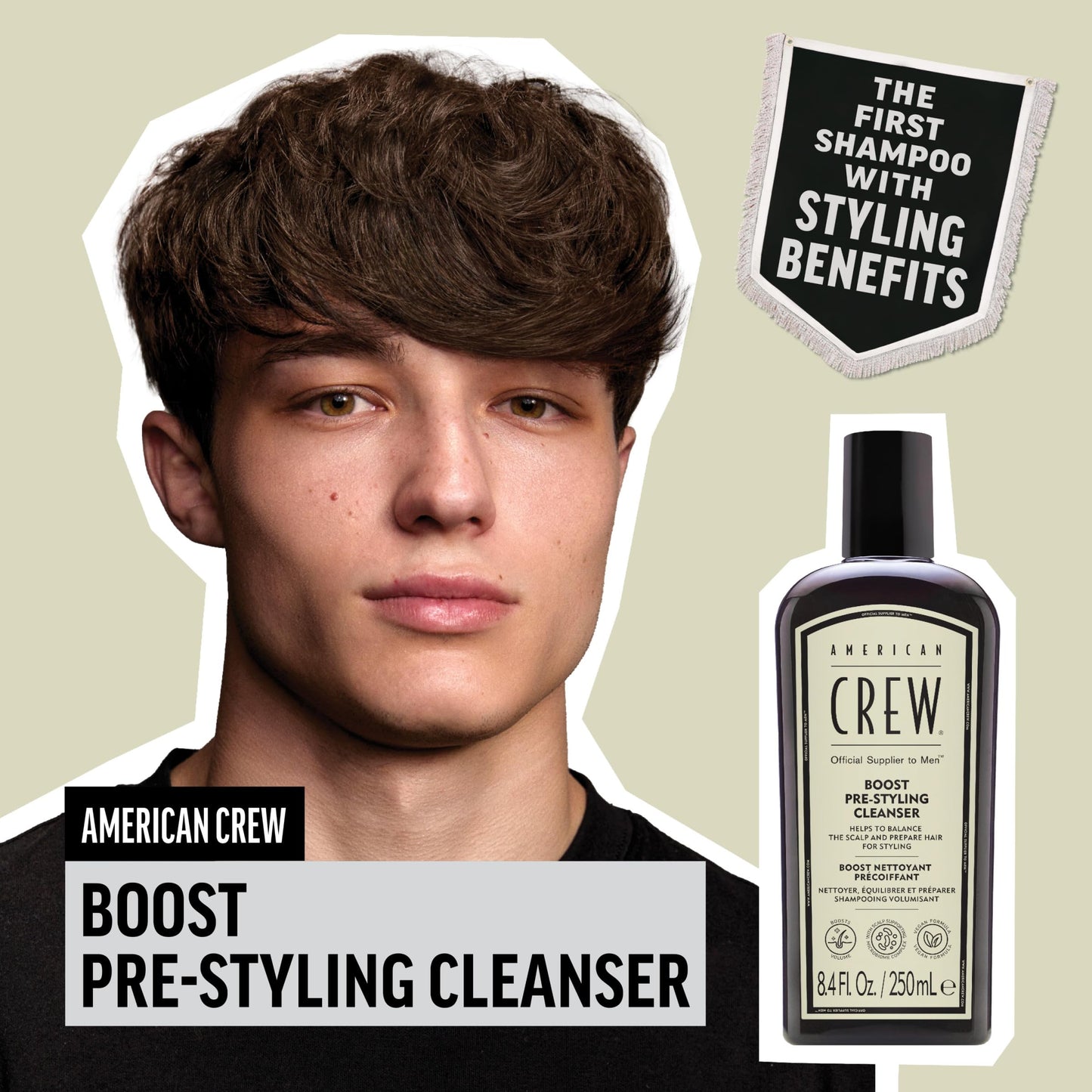 AMERICAN CREW Men's Pre Styler Boost Shampoo for Fine & Thin Hair, Instantly Volumizing Formula, Adds Volume, Lift, & Shine, Vegan, 8.4 fl oz