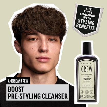 AMERICAN CREW Men's Pre Styler Boost Shampoo for Fine & Thin Hair, Instantly Volumizing Formula, Adds Volume, Lift, & Shine, Vegan, 8.4 fl oz