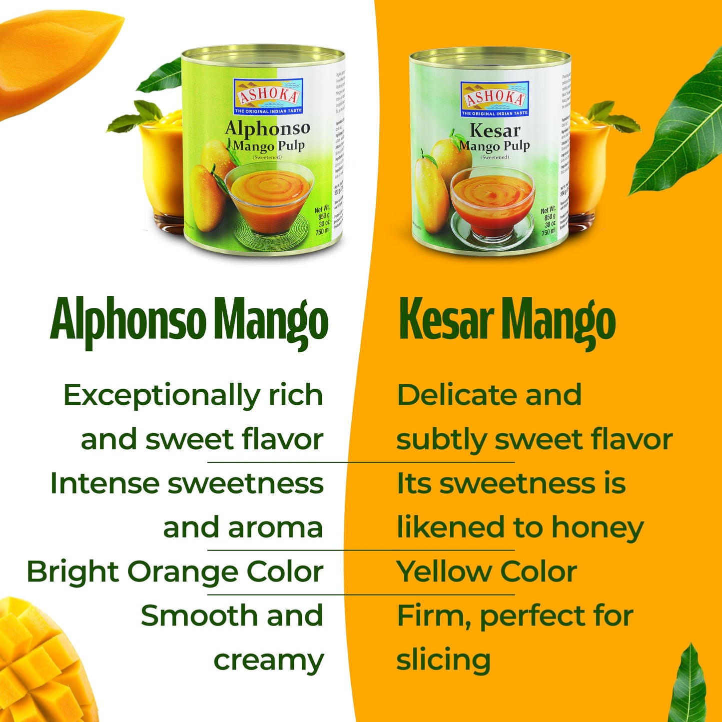 Ashoka Canned Mango Pulp, Premium Alphonso Mango Extract - Sweetened, Great for Making Shakes, Smoothies, Salads, and Baking, Kosher Certified, 30 Ounce (Pack of 6)