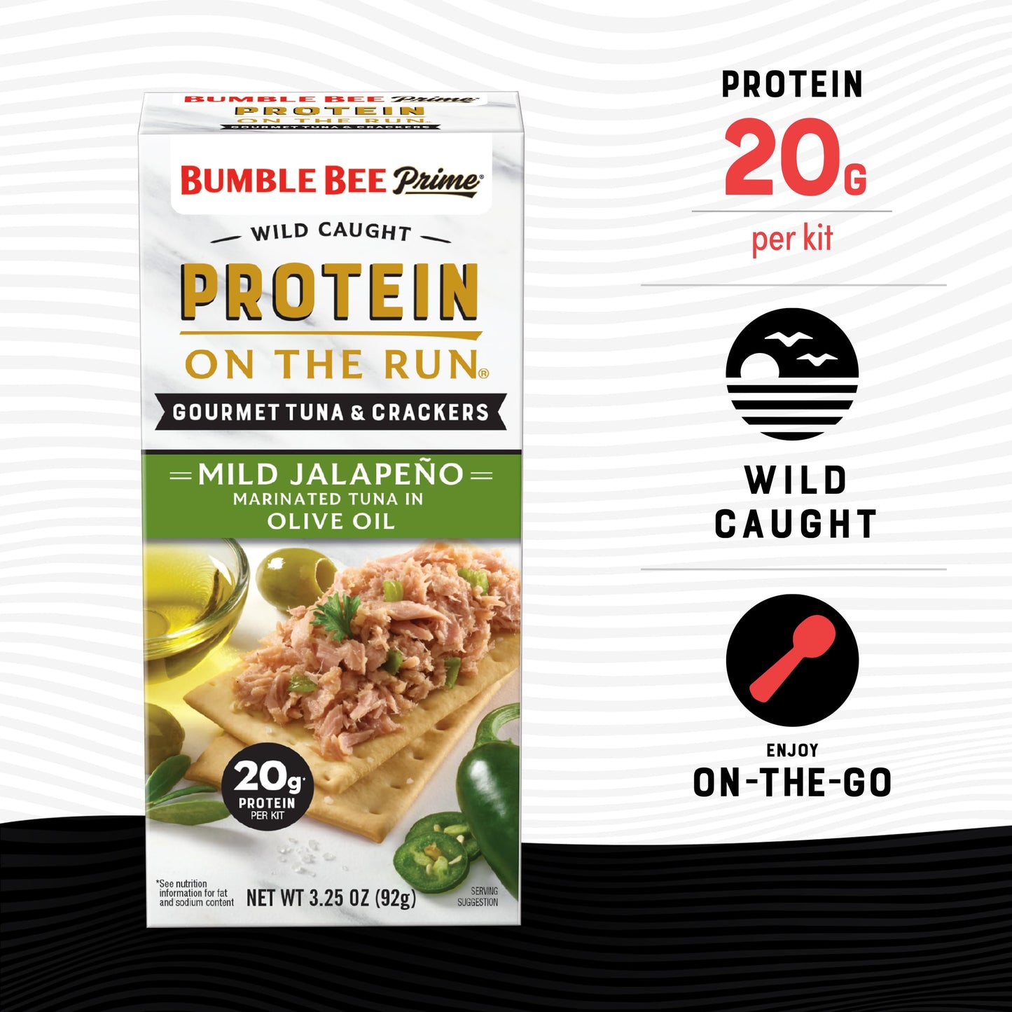 Bumble Bee Prime Protein on the Run Tuna Snack Kit, Pack of 12 - Gourmet Tuna Marinated in Olive Oil & Mild Jalapeno with Crackers and Serving Utensil - 20g of Protein Per Serving, Easy Open Can