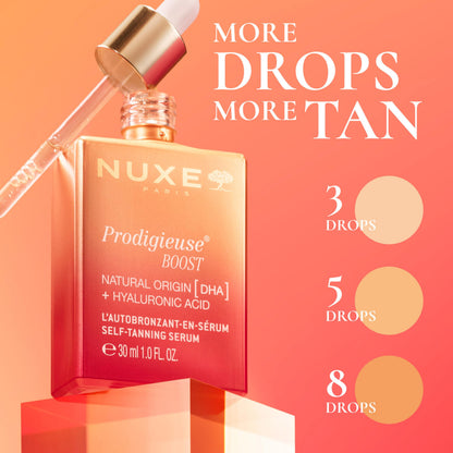 NUXE Prodigieuse Boost Self-Tanning Face adn Neck Serum with Hyaluronic Acid and 100% Natural DHA for a Gradual, Radiant Glow, 1.0 Fl Oz