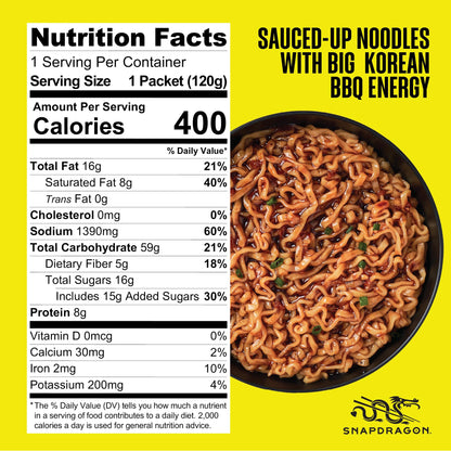 Snapdragon Saucy Instant Noodles with Korean BBQ Slurpable Sauce - Quick Meal, Snack, and Lunch. 4-Pack Microwave Noodles for Cup, Bowl, Ramen or Asian Stir Fry