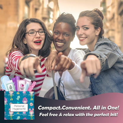3 x Menstrual All-in-One Kits - Assorted Colors | Convenience on The Go | Single Period Kit Packs | Individually Wrapped Feminine Hygiene Products (Green Ferns/Red Purse/Under The Sea)