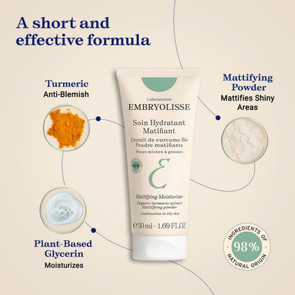 Embryolisse Mattifying Moisturizer, Oil-Control Face Cream with Organic Turmeric Extract. Lightweight Hydration, Non-Comedogenic for Oily & Combination Skin, 1.69 Fl Oz