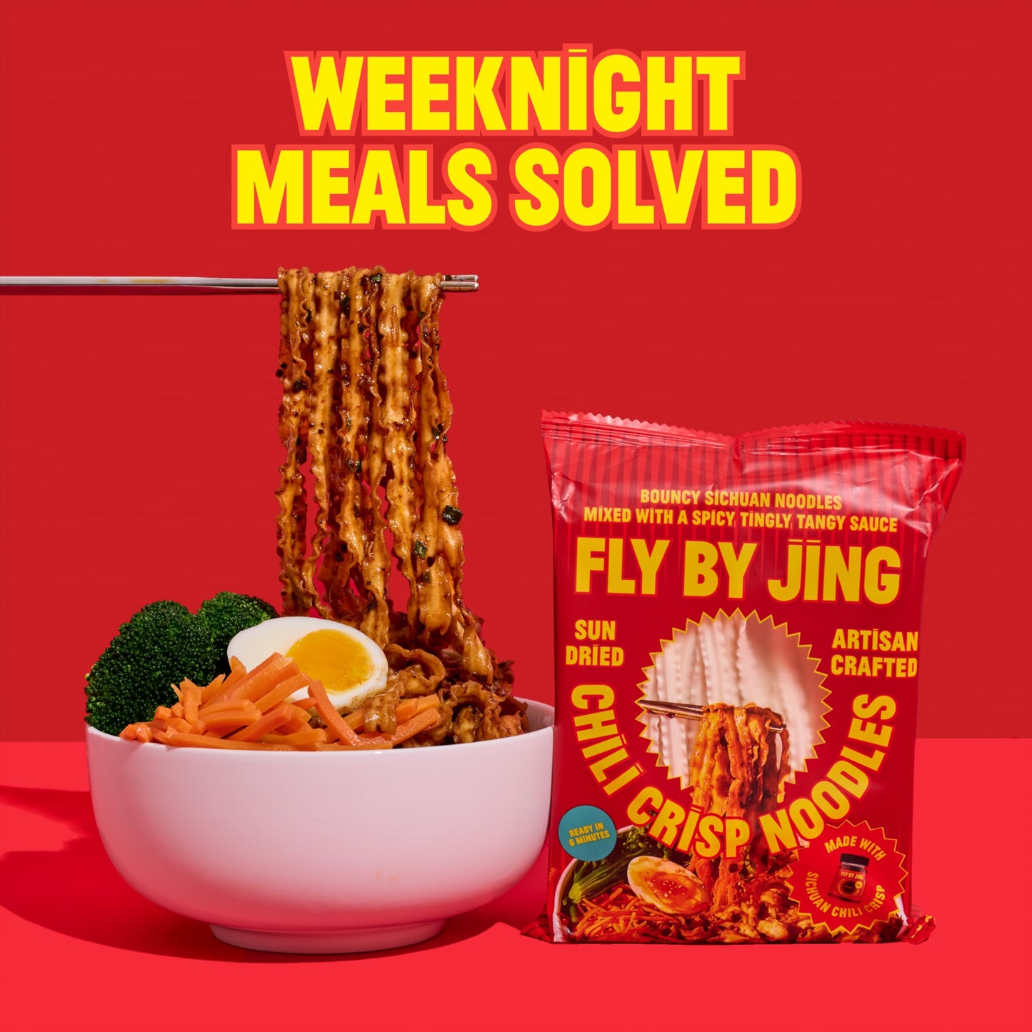 FLYBYJING Chili Crisp Noodles - Sun-Dried, Wavy Asian Instant Noodles Tossed in Sichuan Chili Crisp Sauce - Ready in 6 Minutes - Vegan, High Protein, No MSG, 4.02 oz (Pack of 6)