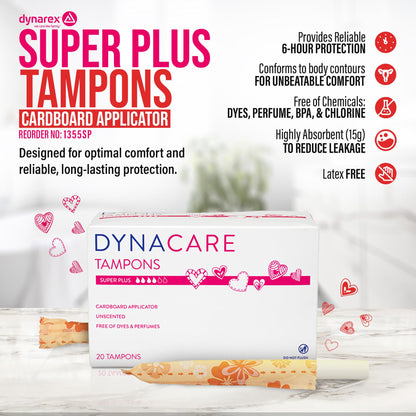 Dynarex Super Plus Tampons – Bulk Feminine Hygiene Product with Cardboard Applicator – 8 Hour Protection – 10 Boxes of 200 Total Tampons