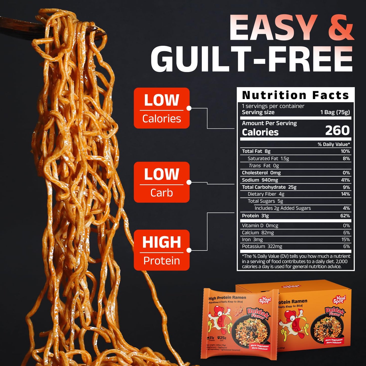 Healspot High Protein Spicy Buldak Noodles, Dry Tossed Ramen, 30g Plant-Based Protein, Low Fat, Low Carb, Non GMO, Keto Friendly & Plant Based (6 packs)