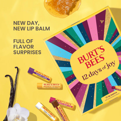 Burt’s Bees 12 Days of Joy Advent Calendar; 12 Surprise Lip Balms Including Juicy Cherry, an Amazon Exclusive; 24 Hour Moisture, 100% Natural Origin, Responsibly Sourced Beeswax, 12 Tubes, 0.15 Oz.