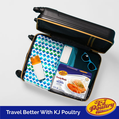 KJ Poultry Kosher Ready Meals - Salmon Fillet Fish, Parve MRE Meal Ready to Eat, Protein Food, Halal, (1 Pack) Prepared Entree Fully Cooked, Shelf Stable Microwave Dinner, Travel, Military, Camping