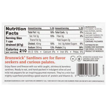 Brunswick Wild Caught Skinless and Boneless Sardines, Served in Olive Oil with Mild Red Peppers, 4.4 Oz