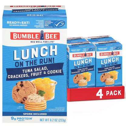 Bumble Bee Lunch On The Run Tuna Salad with Crackers Kit, 8.2 oz (Pack of 4) - Ready to Eat, Includes Crackers, Cookie & Peaches - Wild Caught Tuna - Shelf Stable & Convenient Source of Protein, Easy Open Can