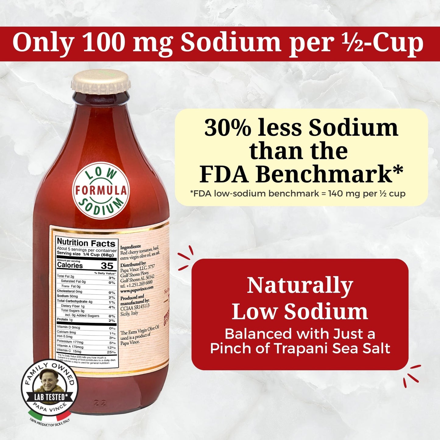 Papa Vince Low Sodium Cherry Tomato Sauce - Made in Italy, 50 mg Sodium per serving, 4-pack, 333g each Glass Jar