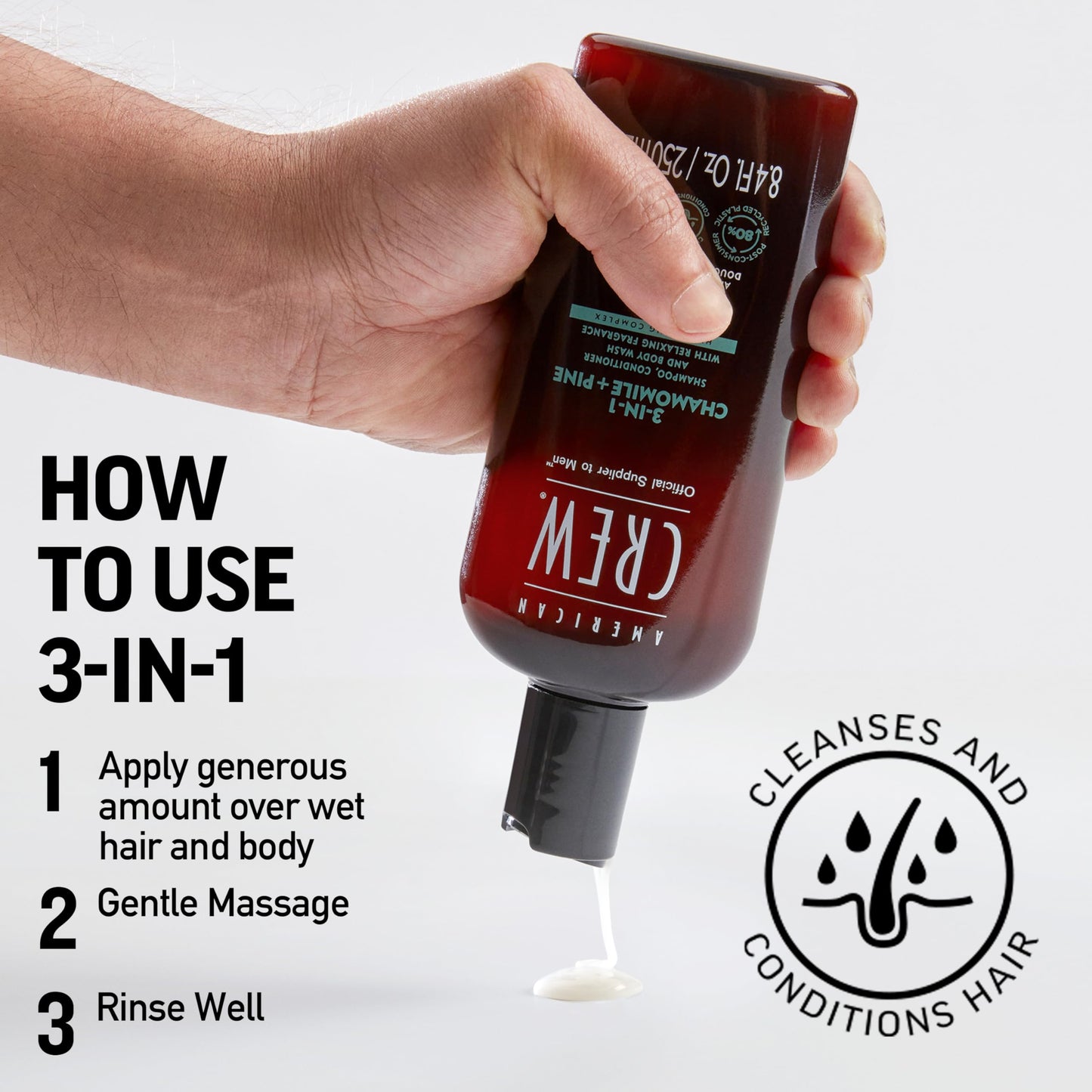 AMERICAN CREW 3-in-1 Chamomile & Pine, Shampoo, Conditioner & Body Wash for Men, All-in-One Care with Calming and Relaxing Fragrance, 15.2 fl oz