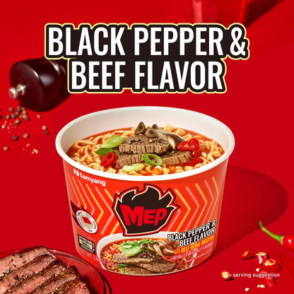 Samyang MEP Black Pepper Beef Ramen, Spicy Korean Instant Bowl Noodle Soup, Rich Bone Broth Ramyeon, Quick Microwave Meal, 3.88 oz (Pack of 6)