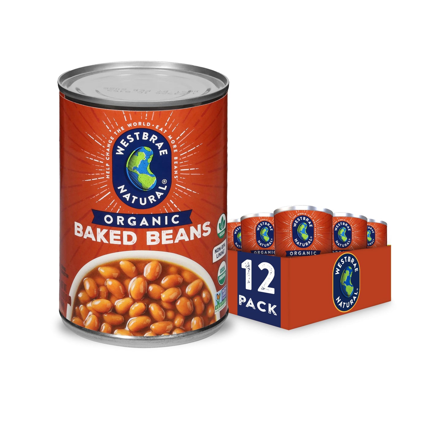 WESTBRAE 16 oz Natural Organic Baked Beans, Source of Plant Based Protein and Fiber, Low Fat, Gluten Free, (Pack of 12)