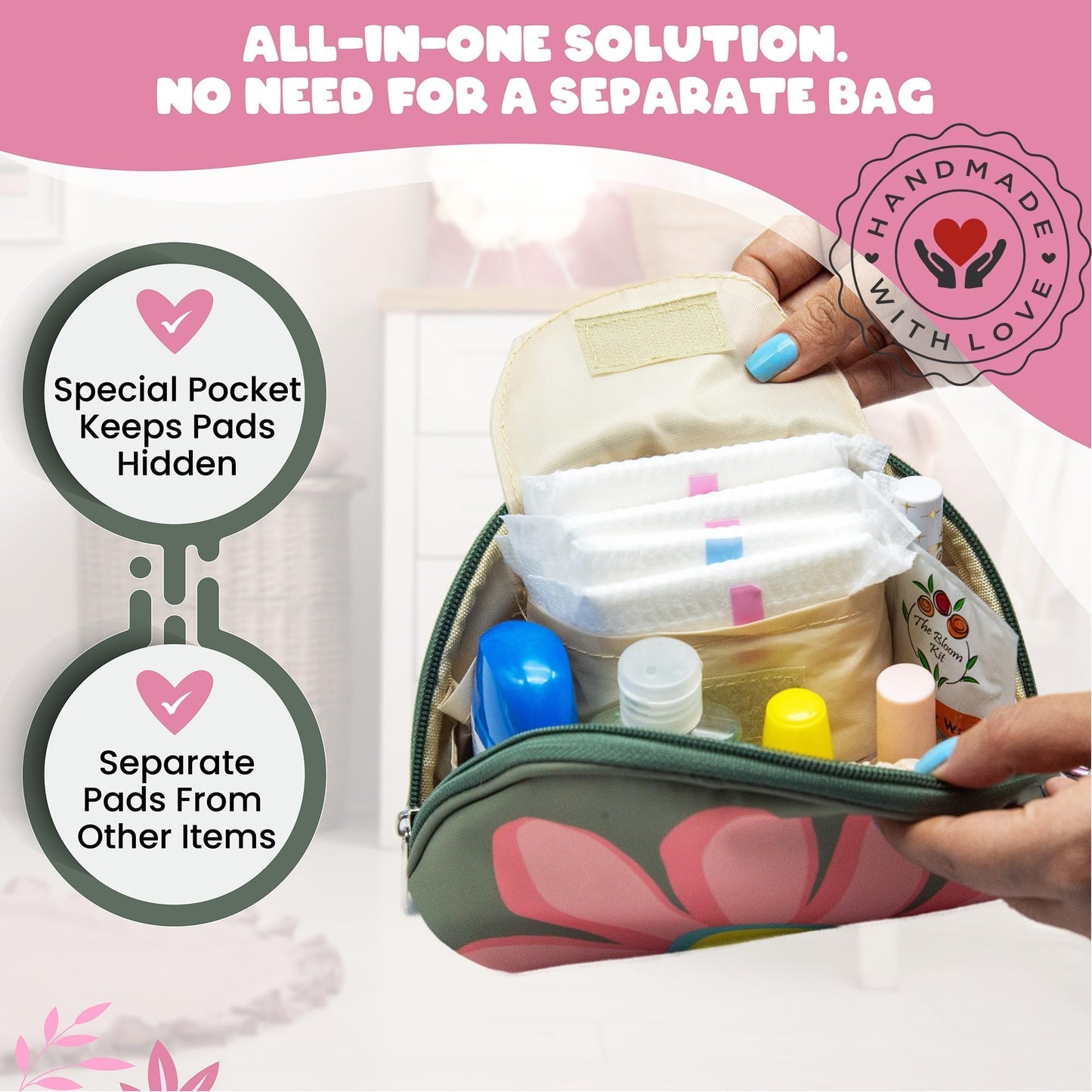 The Bloom First Period Kit for Girls 9-12 – 32 PC Tween Starter Kit with Cute Sanitary Napkin Storage Bag - Portable Waterproof Emergency Pad Pouch, (Pink & Green)