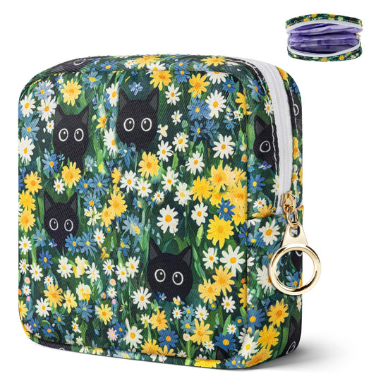 Tampon Holder for Purse, Canvas Period Bag Sanitary Napkin Storage Bag for Girls Womens, Portable Feminine Emergency Pad Period Pouch(Daisy Black Cat)