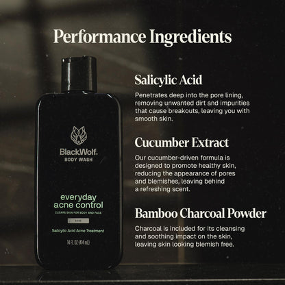 Black Wolf Salicylic Acid Body Wash for Men - 14 Fl Oz Men's Body Acne Wash - Charcoal Helps Reduce Acne Breakouts & Cleanse Your Skin - Full Coverage & Deep Clean Treatment - Men's Bodywash