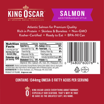 King Oscar Premium Salmon in Olive Oil, Mediterranean Style, 4.05-Ounce Cans (Pack of 12, Packaging May Vary), Skinless & Boneless Salmon
