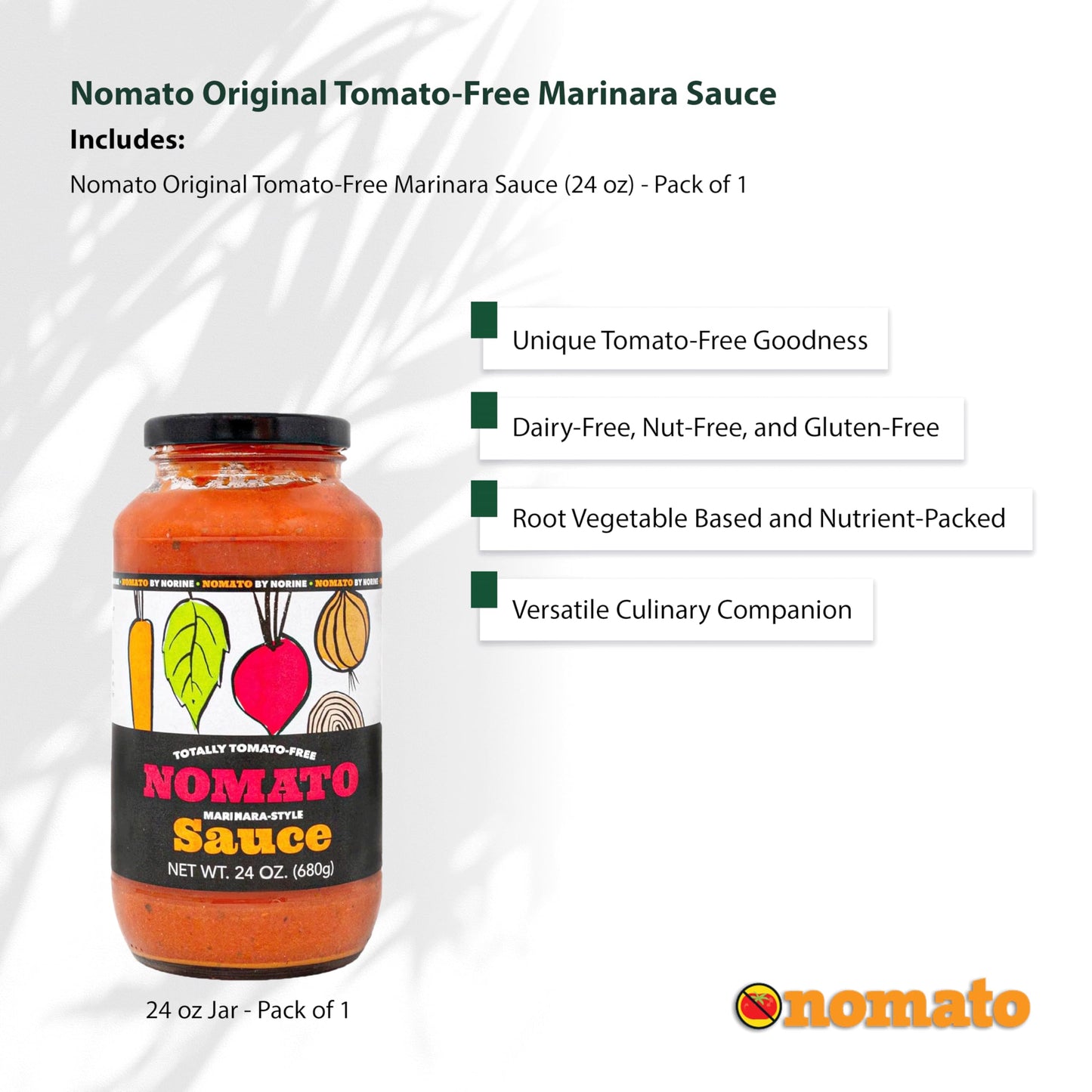 Nomato - 1 Pack of Original Tomato Free Marinara Sauce (24 oz) - Tomato Free, Gluten Free, Nut Free and Dairy Free (Marinara, 1 Pack)