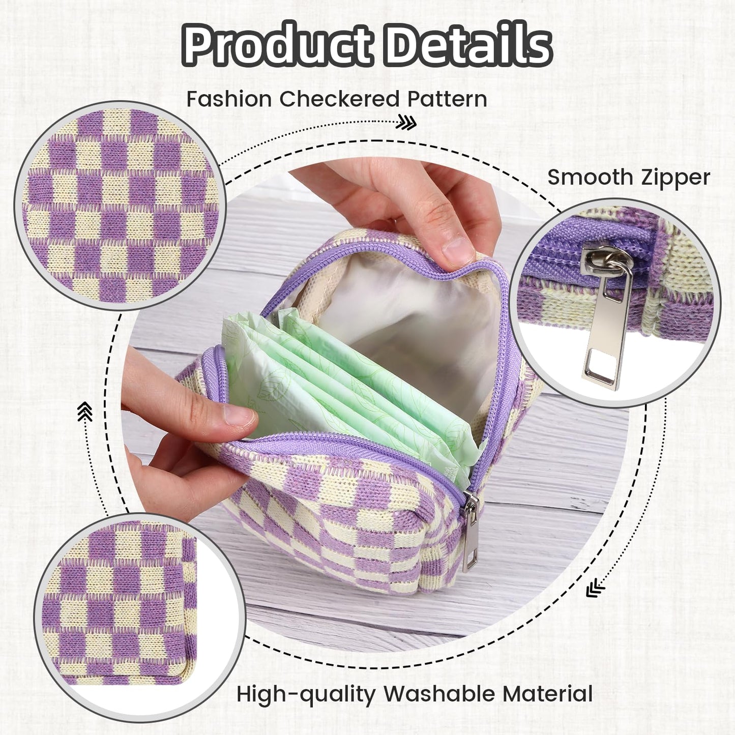 4 PCS Sanitary Napkin Storage Bag, Menstrual Pad Zipper Period Pouch Portable Period Bag Panty Liners, Pad Pouch with Zipper for Women Ladies Daily Use Purse Travel(Checkered,4 Colors)