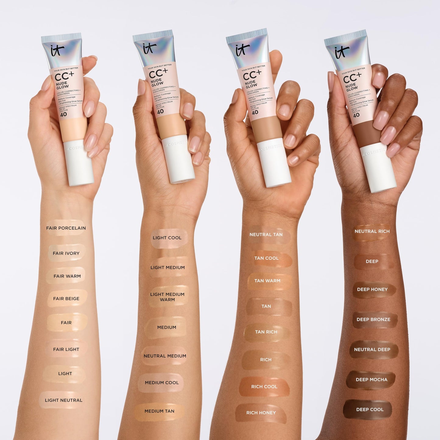 IT Cosmetics CC+ Nude Glow - Medium Coverage Foundation with SPF 40 & Brightening Glow Serum, Lightweight Skin Tint, 2% Niacinamide + Hyaluronic Acid, Up to 24H Hydration, Normal/Dry Skin - 1.08 fl oz