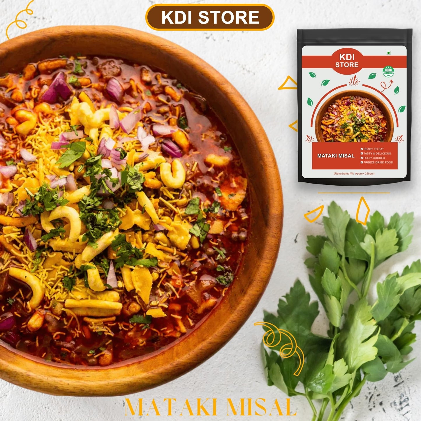 KDI Store Mataki Misal, Ready to Eat Indian Food, Spicy Maharashtrian Snack, USDA Organic, Fully Cooked, Freeze Dried, 80g