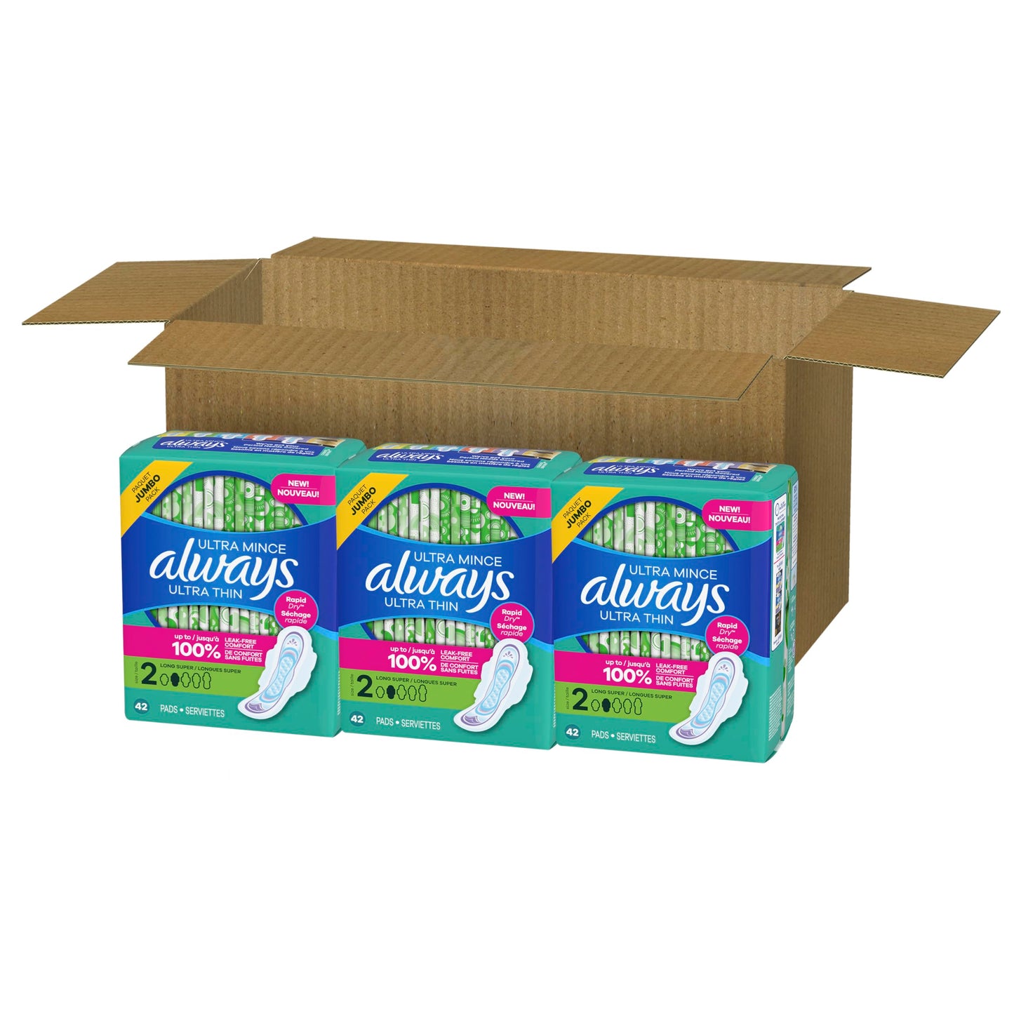 Always Ultra Thin Pads with Wings, Size 2, Long Super, 126 Count (3 Packs of 42)