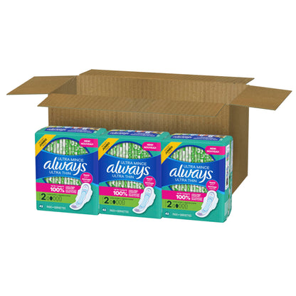 Always Ultra Thin Pads with Wings, Size 2, Long Super, 126 Count (3 Packs of 42)