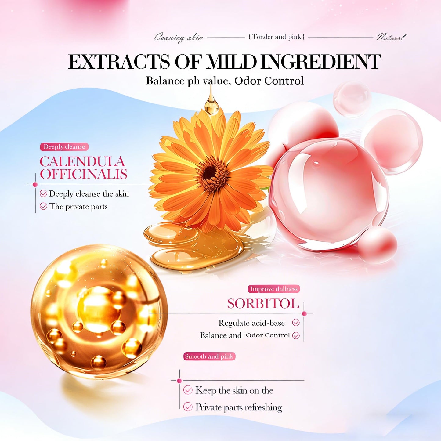 pH Balanced Feminine Soap for Women, Strawberry Odor Control & Hydration, Deep Cleanse, Pure Natural Plant Extracted Essence, Gentle Yet Effective for Daily Intimate Hygiene, Vegan, Pink