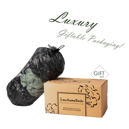 myHomeBody Large 70g Loofah Sponge, Bath Body Scrubber for Women, Men, Exfoliating Shower Pouf with Activated Charcoal - 2 Graphite Gray + 1 Sage Green, 3 Pack