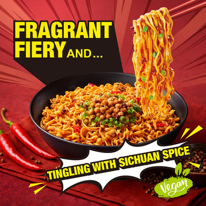 JWAY Sichuan Pepper Stir Fry Noodles, Deep-fried Instant Ramen with Chili Oil, Spicy Dry Tossed Noodles, Real Vegetable Pack, Rich Chili Flavor, Quick & Easy Ready Meal, 3.20 oz (Pack of 12)