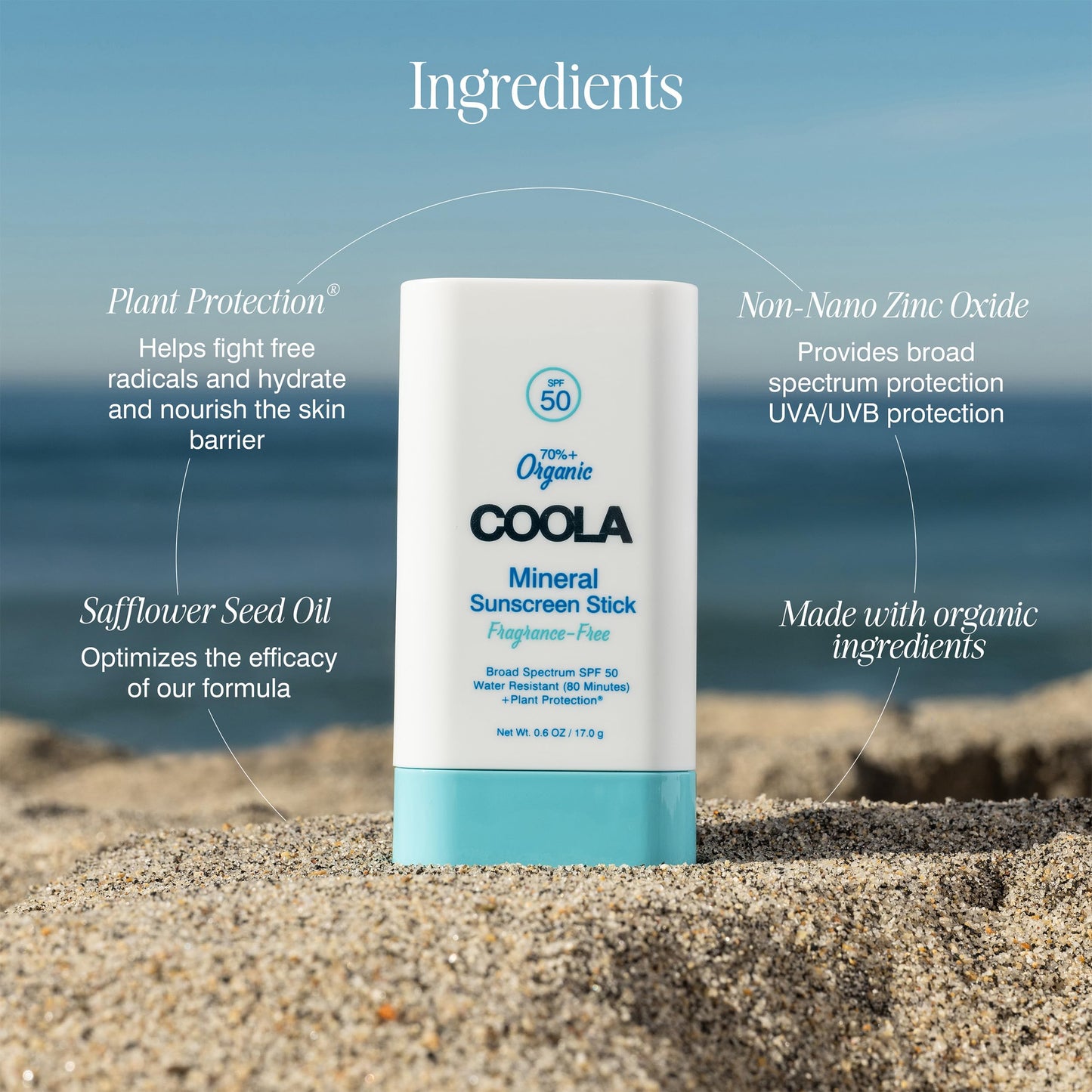 COOLA Organic Mineral Sunscreen SPF 50 Sunblock Stick, Dermatologist Tested Skin Care For Daily Protection, Vegan And Gluten Free, 0.6 Oz