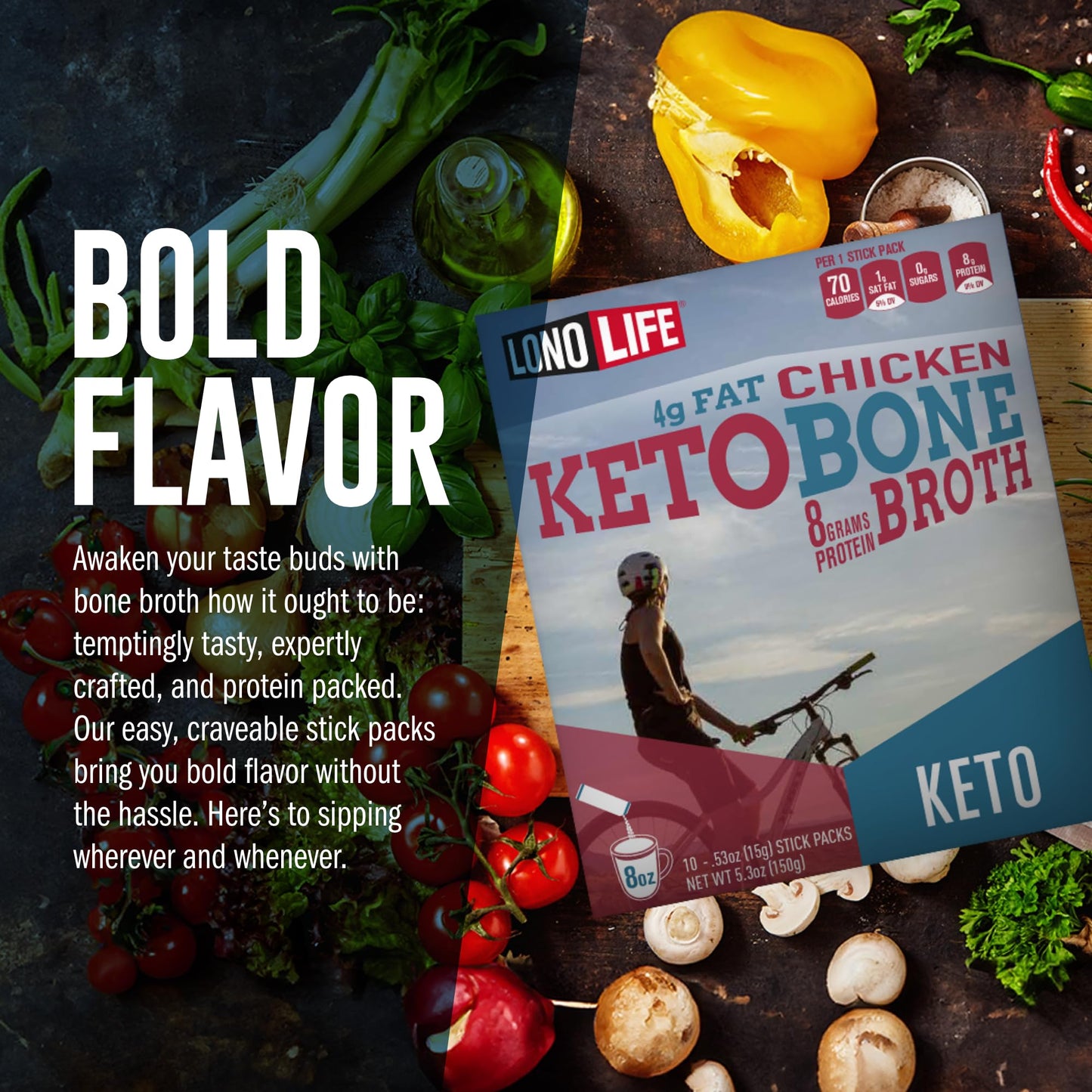 LonoLife Keto Chicken Bone Broth Powder Mix | 10g Protein | Collagen-Rich, Keto & Paleo Friendly | Natural Ingredients | 8oz Bulk Container (15 Servings)