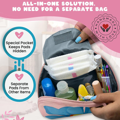 The Bloom First Period Kit for Girls 9-12 – 32 PC Tween Starter Kit with Cute Sanitary Napkin Storage Bag - Portable Waterproof Emergency Pad Pouch, (Pink & Green)